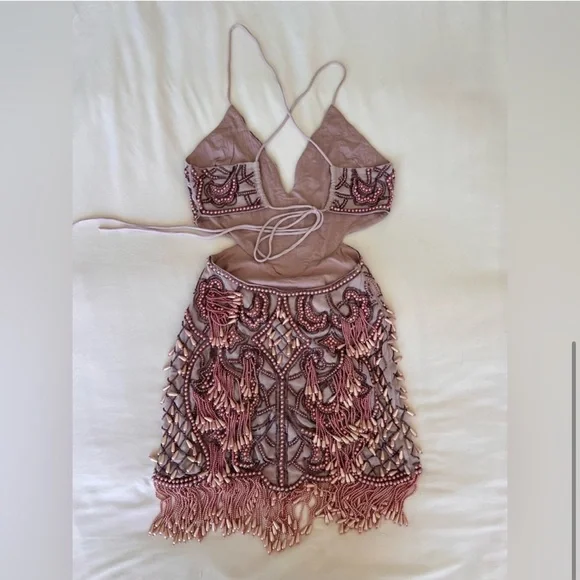 ASOS Pink Embellished Beaded Pearl Baroque Dress - Picture 4 of 7